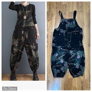 Funky QES Goth Floral Black Overalls with Pockets!